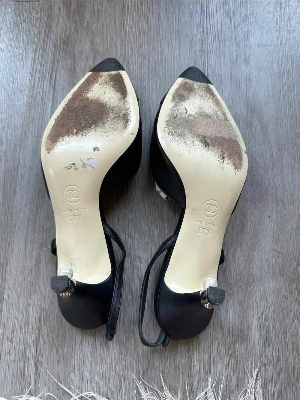 CHANEL Black Pointed Slingback Pumps with Gold Buckle